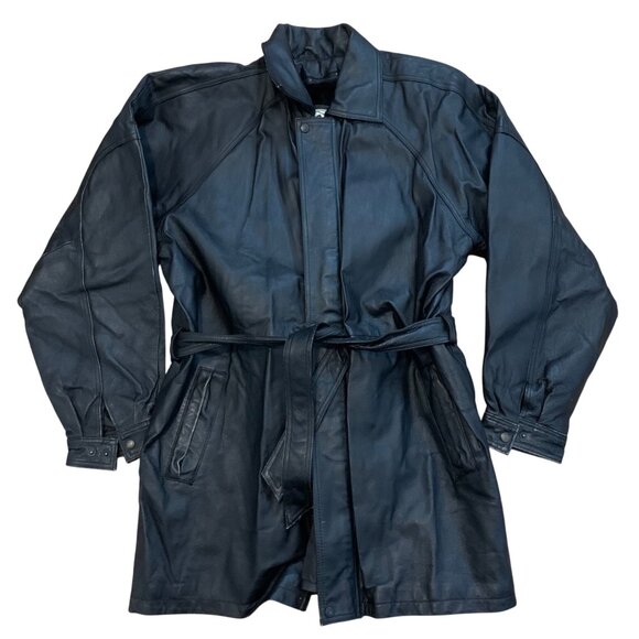 Wilda Leather Belted Trench Coat Faux Fur Liner Mens SZ L **Broken Zipper** VTG - Picture 1 of 15